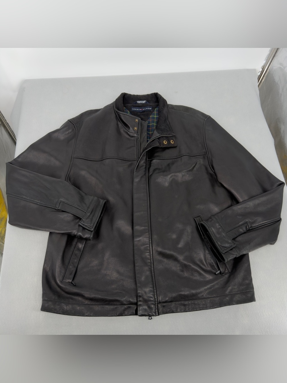 Tommy Hilfiger Black Genuine Leather Full Zip Bomber Jacket XL Mens